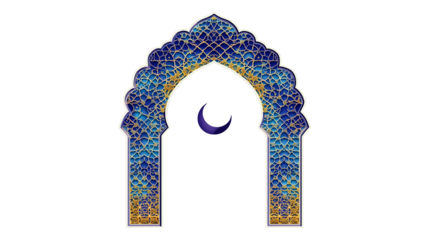 3D render of a blue and gold ornate Islamic arch, mosque window, intricate geometric patterns, arabic architecture on transparent background