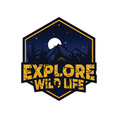 Mountain explore outdoor emblems, Camping outdoor adventure logo, Forest camp logo in vintage style