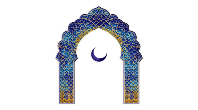 3D render of a blue and gold ornate Islamic arch, mosque window, intricate geometric patterns, arabic architecture on transparent background