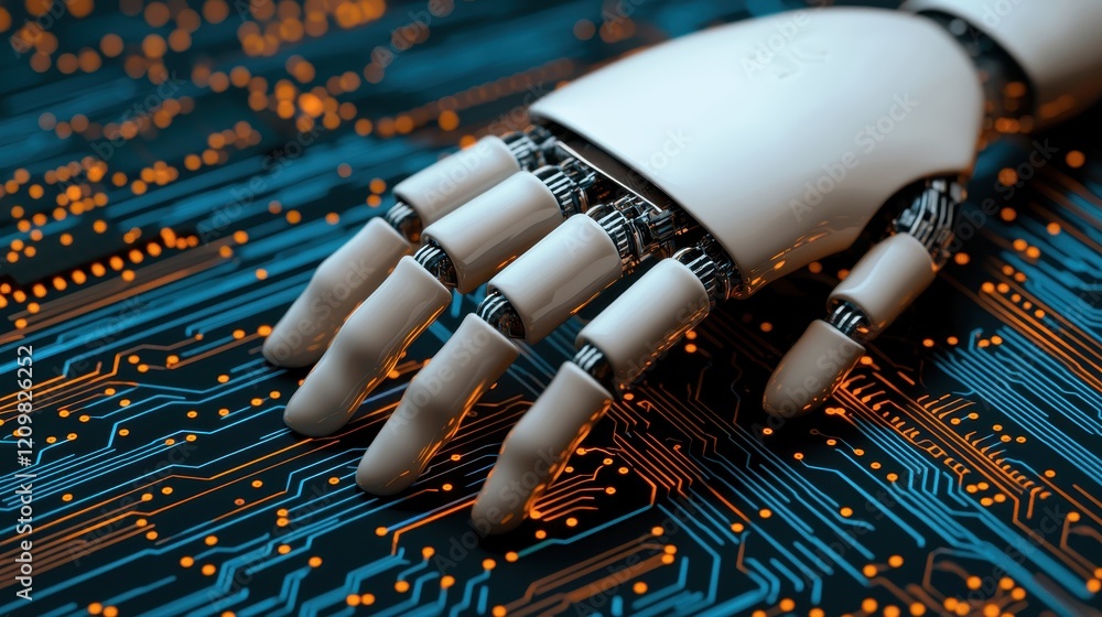 Poster detailed robotic hand on a microchip circuit board background