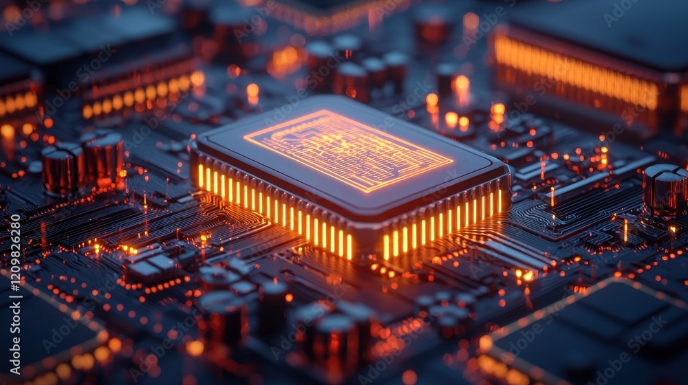 Poster futuristic circuit board with glowing components and microchip design