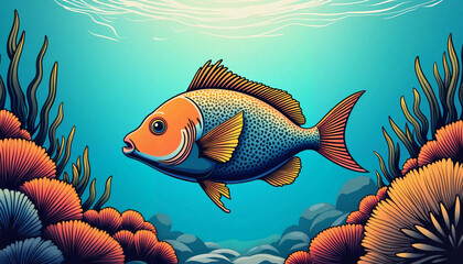 Naklejka premium Vintage-Style Snapper Swimming Amidst Vibrant Coral Reef Ecosystem