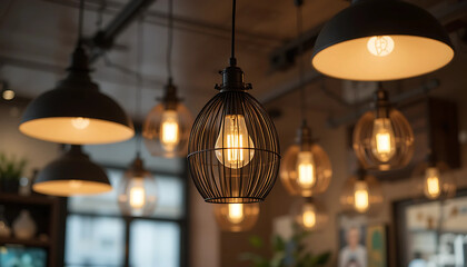 Fototapeta premium Lighting: Modern yet cozy lighting fixtures hang from the ceiling, illuminating the space with a warm glow.