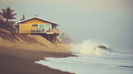 Coastal House and Crashing Wave: A Serene Beachfront Scene