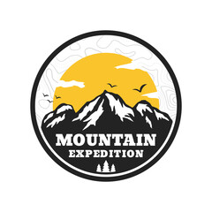 Mountain expedition badge logo design template, mountain tourism badge logo design template