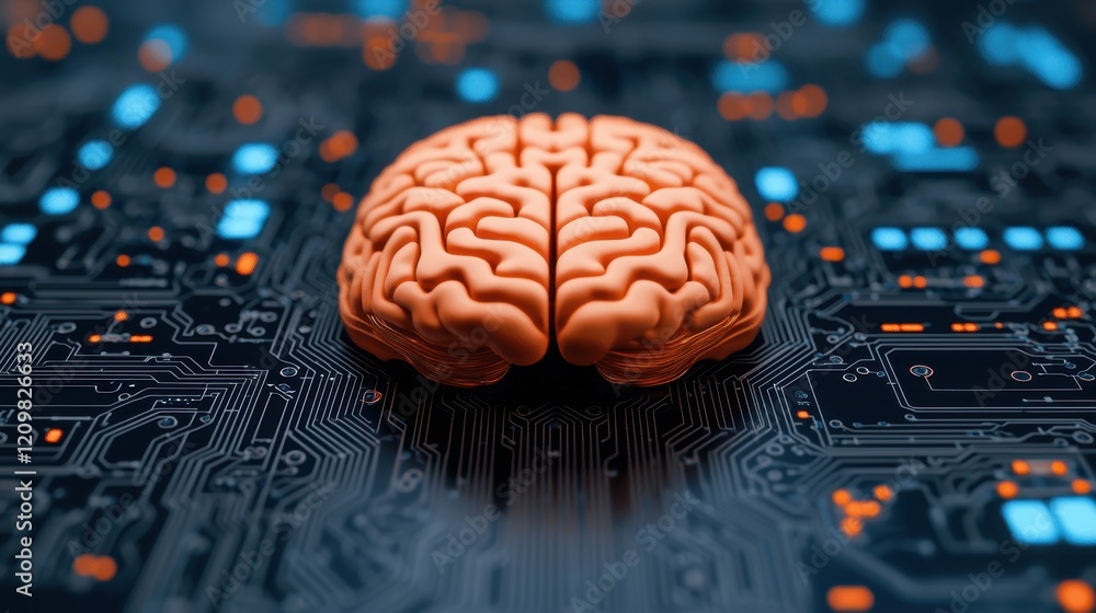Poster human brain on circuit board background symbolizing technology integration