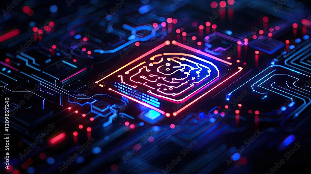 Poster adaptive learning ai idea. vibrant abstract circuit board with futuristic neon lights and high-tech 