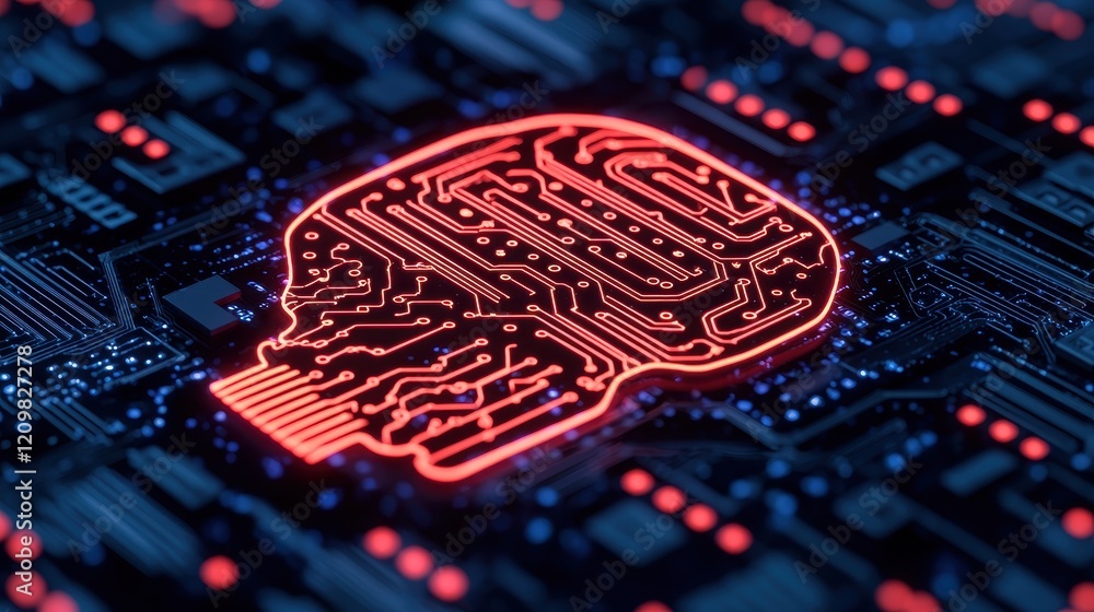 Poster futuristic circuit board with illuminated skull design in red glow