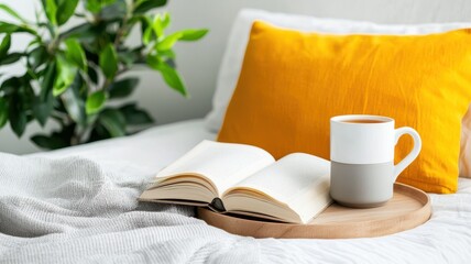 A cozy bedding scene featuring a book, a cup of coffee, and a vibrant yellow pillow, perfect for relaxation and reading.