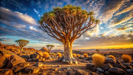 Naklejka premium Double-exposed quiver trees stand defiant in Namibia's arid landscape.