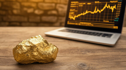 Professional Workspace with Gold Bullion Near Laptop Displaying Financial Data Trends