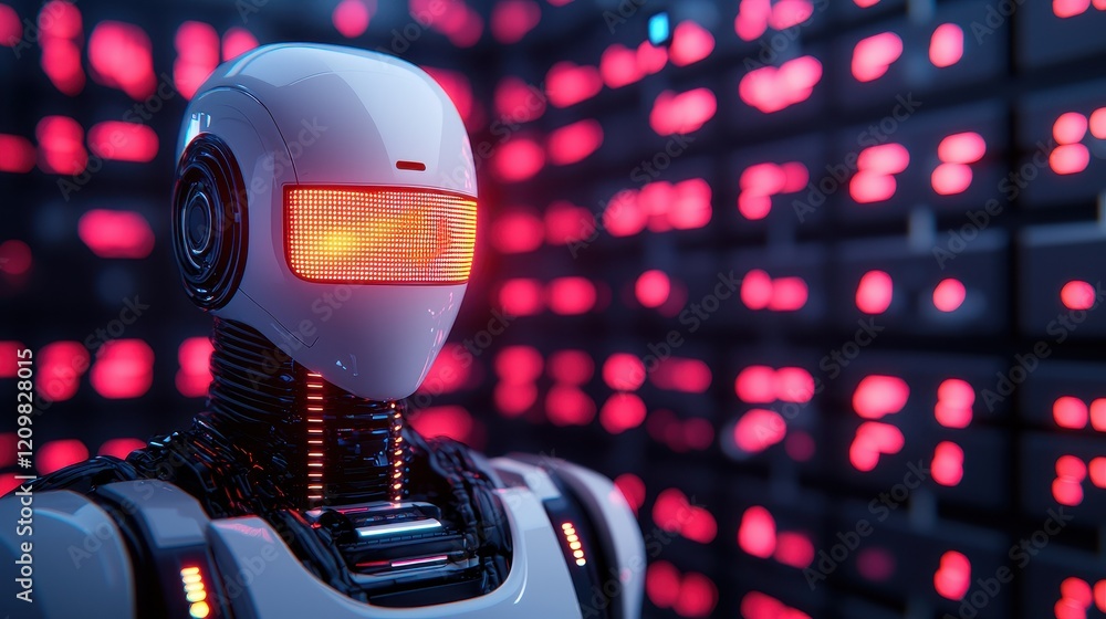 Poster futuristic robot with led eyes in high-tech digital environment