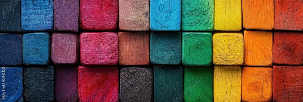 Poster vibrant collection of small wooden blocks in a rainbow of colors arranged neatly on a surface for cr