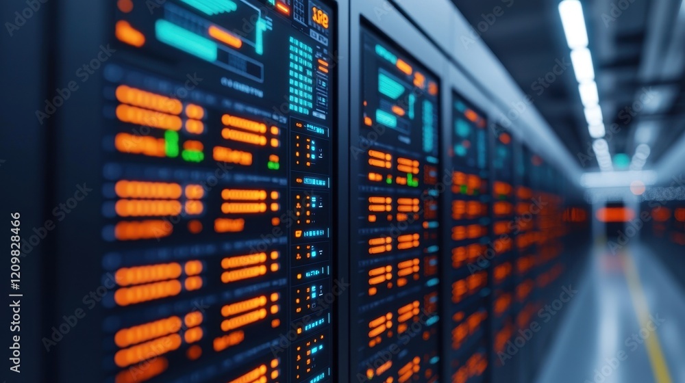Poster modern data center with blinking servers and neon lights