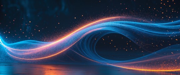 Glowing abstract wave with dynamic vibrant neon color and light particle in a dark background creating a futuristic and elegant atmosphere