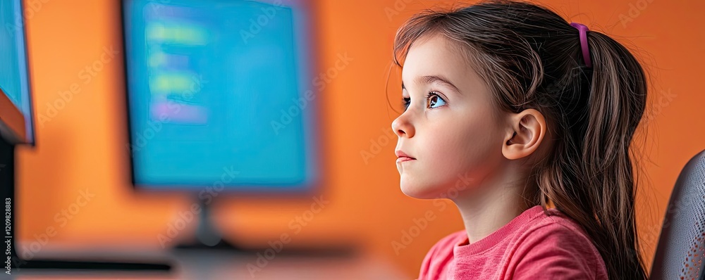 Poster virtual education ai concept. engaged child learning programming skills with focus and curiosity at 
