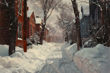 Snow falling on a residential street with houses and tire tracks on a snowy road during a winter storm