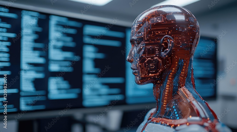 Poster virtual education ai concept. a futuristic robotic head with intricate circuitry in a tech environme