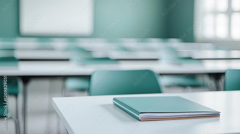 Poster virtual education ai concept. a minimalist classroom with green accents and an empty desk ready for 