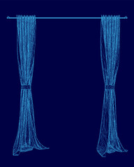 Blue curtains with a blue background. The curtains are hanging from a blue pole