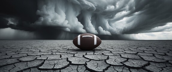 Heavy dark clouds swirl above a barren field with a football resting on the ground during a stormy afternoon