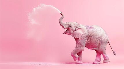 A pink elephant playfully spraying water from its trunk against a pink background.