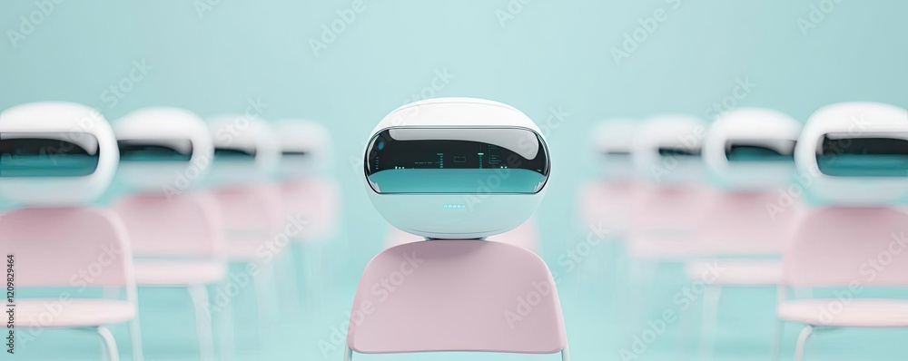 Poster virtual education ai concept. futuristic robots in a classroom setting, showcasing advanced ai learn