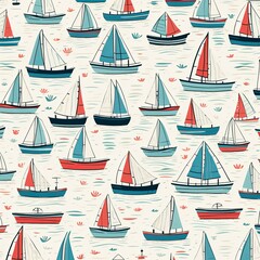 A vibrant illustration of a seamless sailboat pattern on a blue background with waves. The sailboats in red, blue, and white create a nautical theme perfect for various designs.