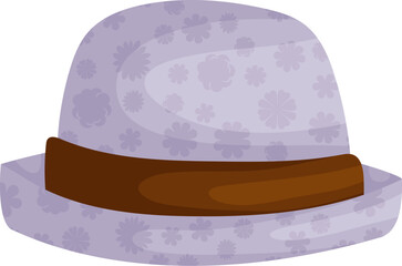 Illustration of a lavender fedora hat with floral patterns and a brown band. Perfect for fashion, accessories, or vintage themes.