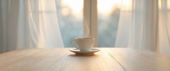 Morning scene with white cappuccino cup placed on light brown wood table next to window.