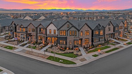Luxury Townhomes at Sunset:  A Stunning Aerial View of Modern Architecture in a Mountain Community