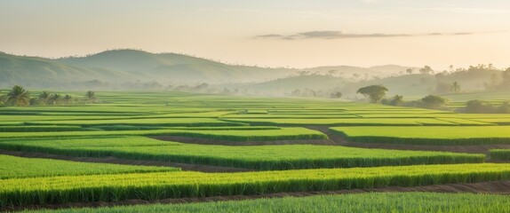 Obraz premium Peaceful rural field at sunrise with golden light and sugarcane symbolizing harvest and agriculture in a tranquil natural setting