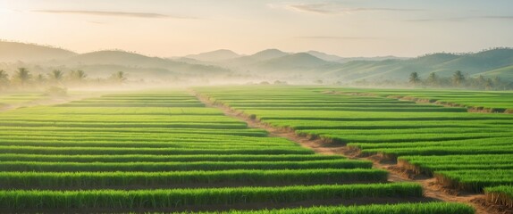 Obraz premium Peaceful rural field at sunrise with golden light and sugarcane symbolizing harvest and agriculture in a tranquil natural setting.