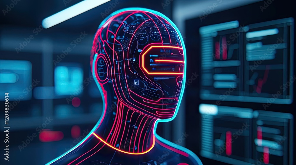 Poster student progress ai idea. futuristic humanoid robot with neon lights and digital interface, represen