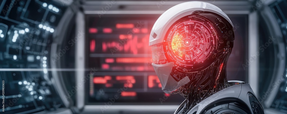 Poster student progress ai idea. futuristic robot with glowing red eyes in a high-tech environment.