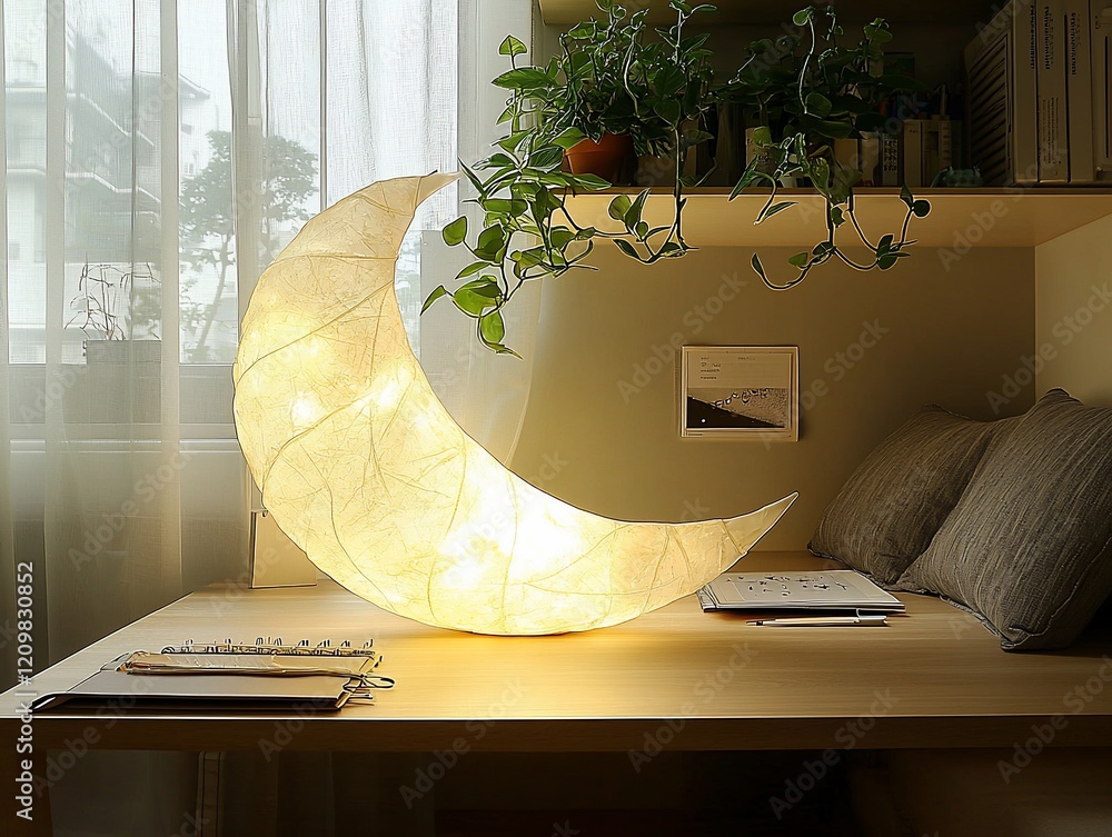 Poster illuminated crescent moon lamp on desk.