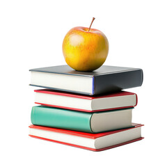 stack colorful books with apple isolated on transparent background