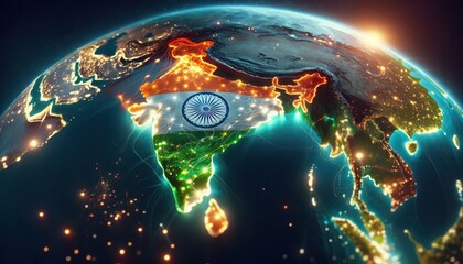 India illuminated in vibrant glowing lights from space representing global connectivity and innovation for tech and business visuals