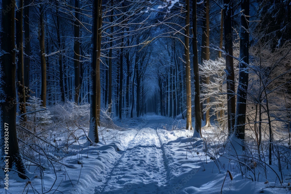 Poster snow covered path leads through a serene forest illuminated by moonlight, creating a magical winter 