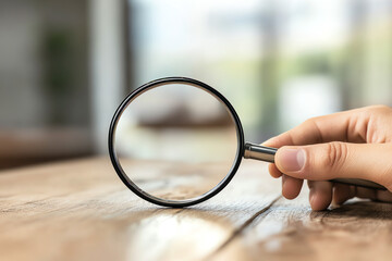 Fototapeta premium Close-up of a Hand Holding a Magnifying Glass over a Wooden Table Surface for Insightful Analysis