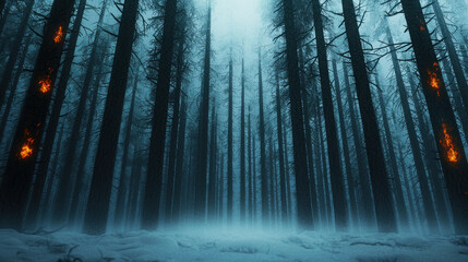 Serene Silent Forest Draped in Thick Snow with Flickering Flames Shining Through Trees
