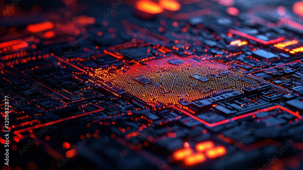 Poster a close-up view of a circuit board illuminated with vibrant red and orange lights, showcasing intric