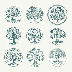 Stylized Tree Illustrations Collection. Vector Design of Artistic Trees, Roots, and Foliage