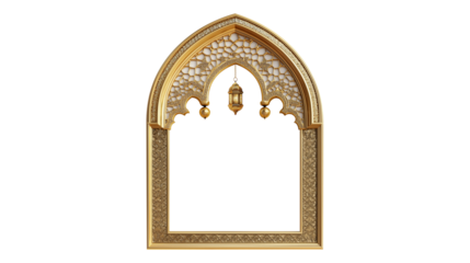 3D render of a golden ornate Islamic arch, mosque window, intricate patterns, Arabic architecture on transparent background