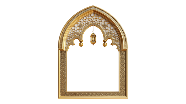 3D render of a golden ornate Islamic arch, mosque window, intricate patterns, Arabic architecture on transparent background