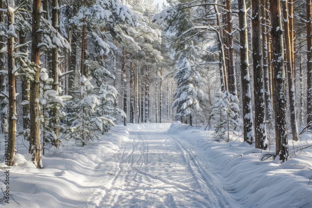 Aufkleber sunlight filters through snow laden trees, illuminating a pristine path in a tranquil winter forest