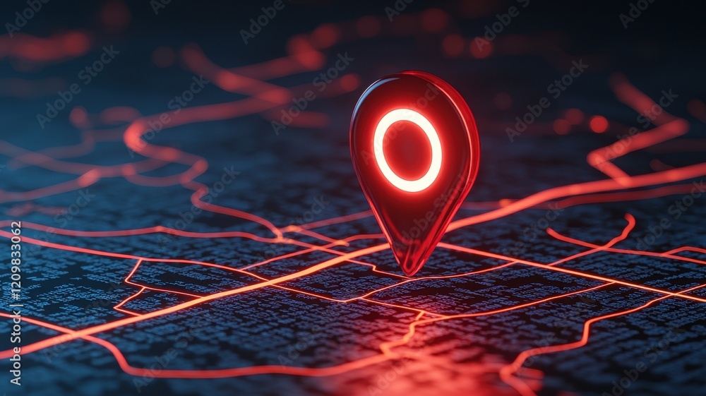 Poster a glowing red location pin on a dark, digital map background, symbolizing navigation and geographic 
