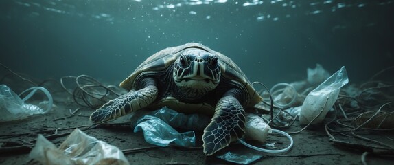 Fototapeta premium Struggling Turtle Entangled in Plastic Debris in Murky Ocean Waters with Underwater Lighting Reflecting a Somber Scene of Marine Pollution.