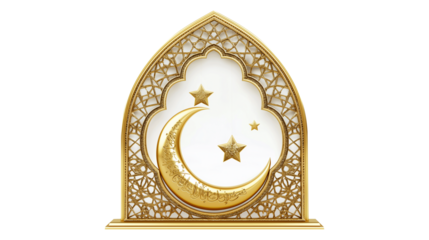 Ramadan greeting card, golden crescent moon and stars, intricate Islamic geometric patterns with transparent background