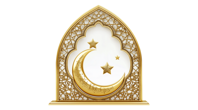 Ramadan greeting card, golden crescent moon and stars, intricate Islamic geometric patterns with transparent background